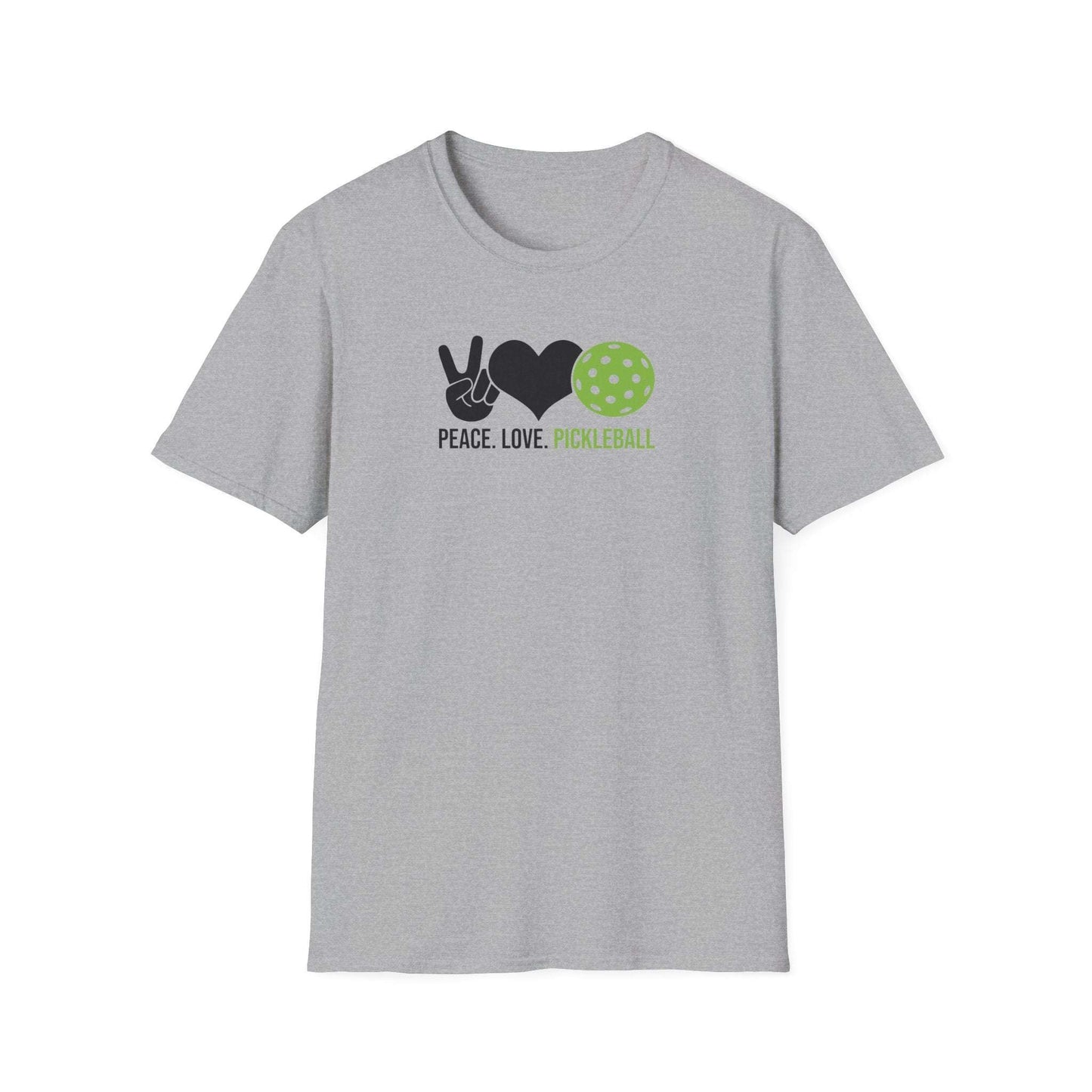 Women's Cheerful Pickleball T-shirt - Peace, Love, Pickleball Gray