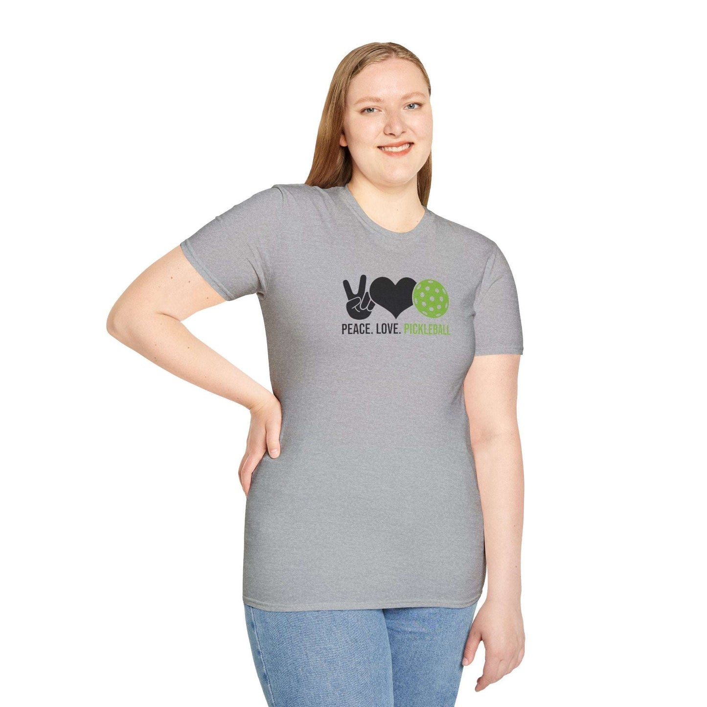 Women's Cheerful Pickleball T-shirt - Peace, Love, Pickleball