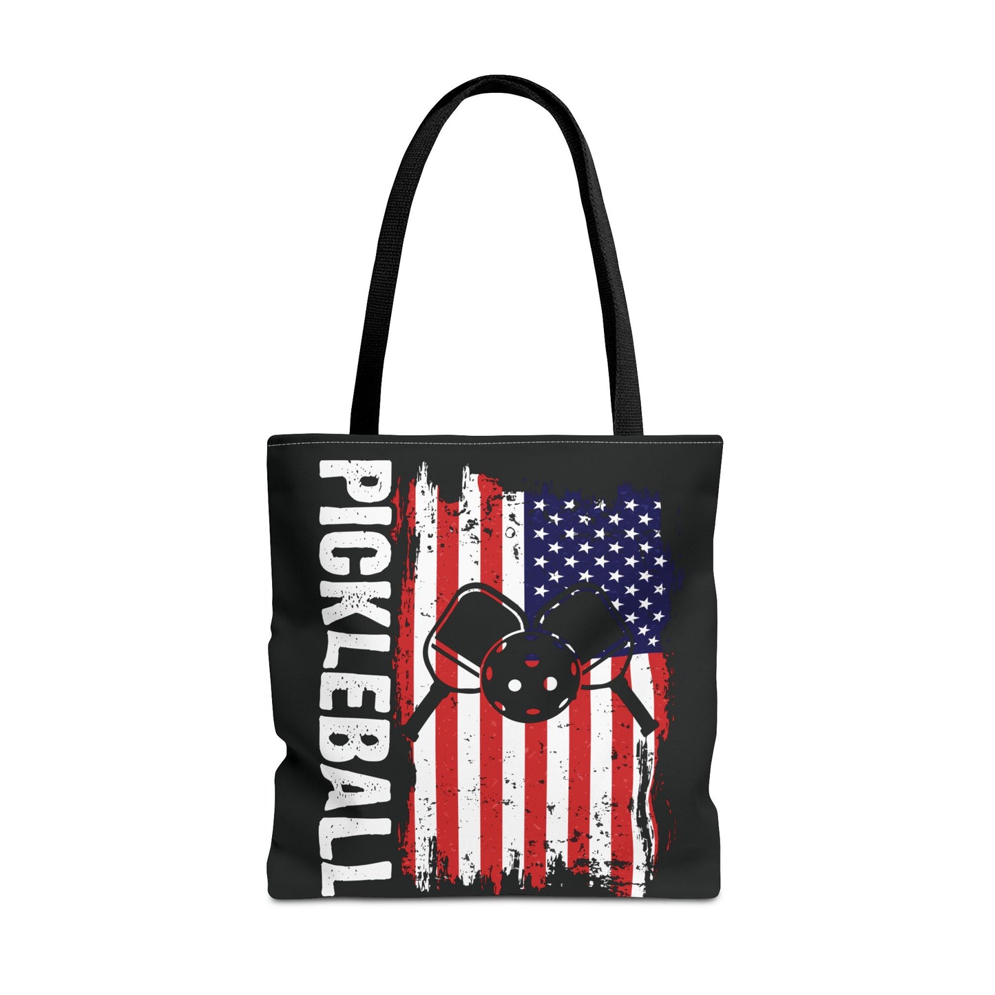 Pickleball Durable Tote Bag - Pickleball with American Flag Black