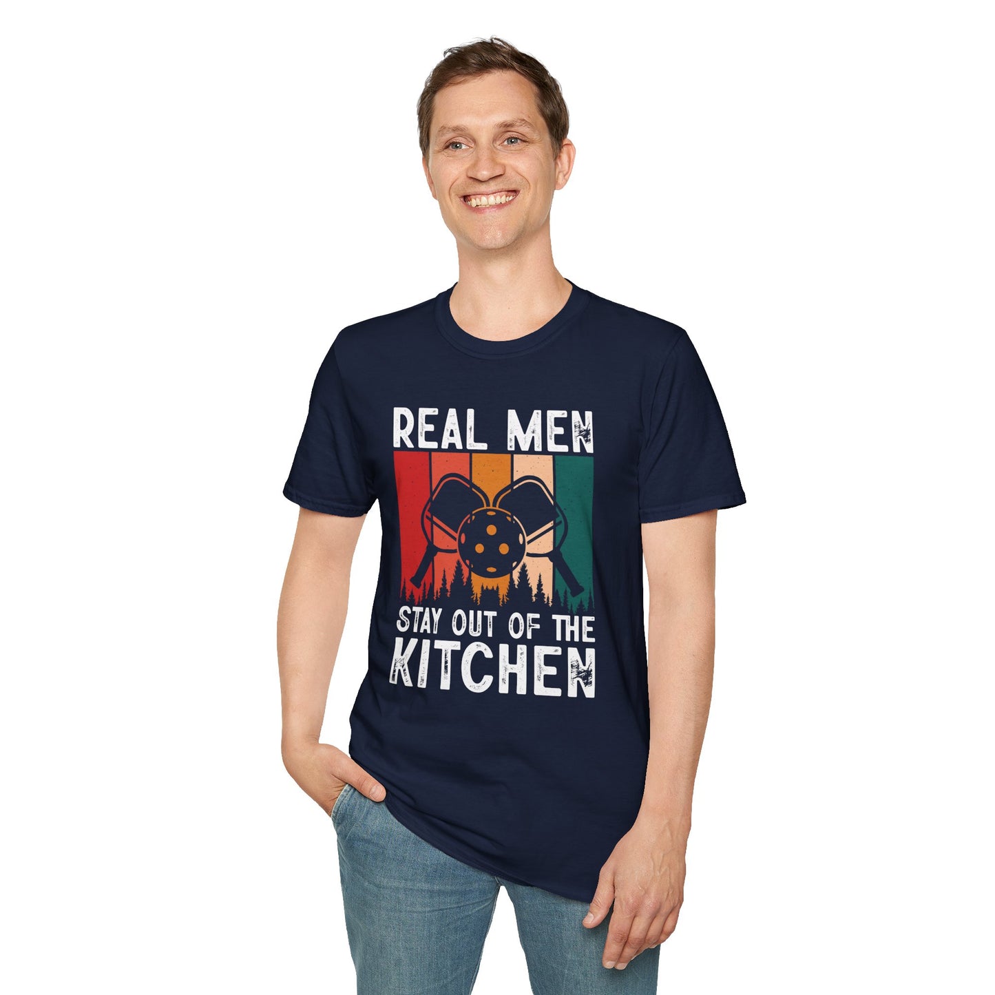 Men's Pickleball T-shirt - Real Men Stay Out of the Kitchen Retro