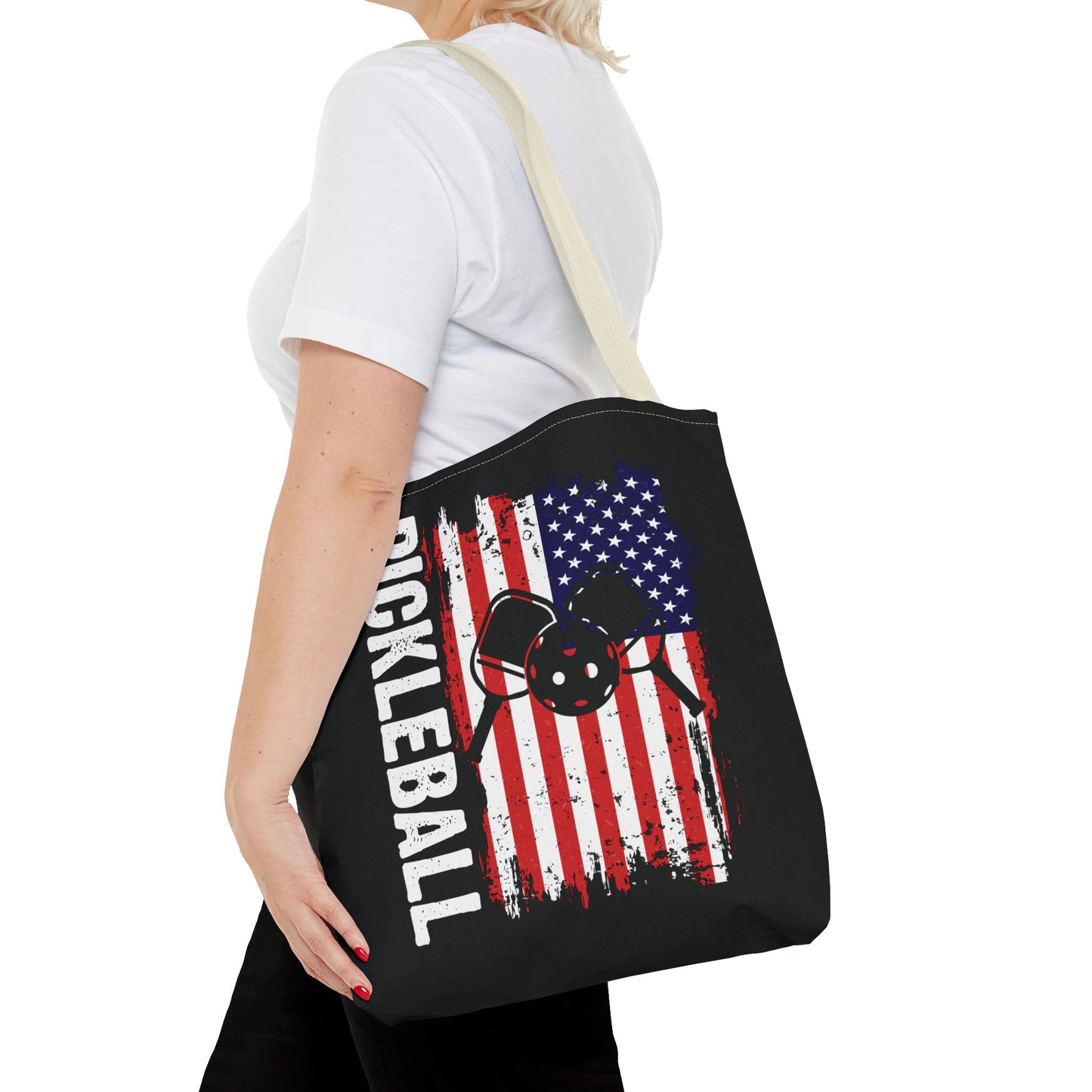 Pickleball Durable Tote Bag - Pickleball with American Flag