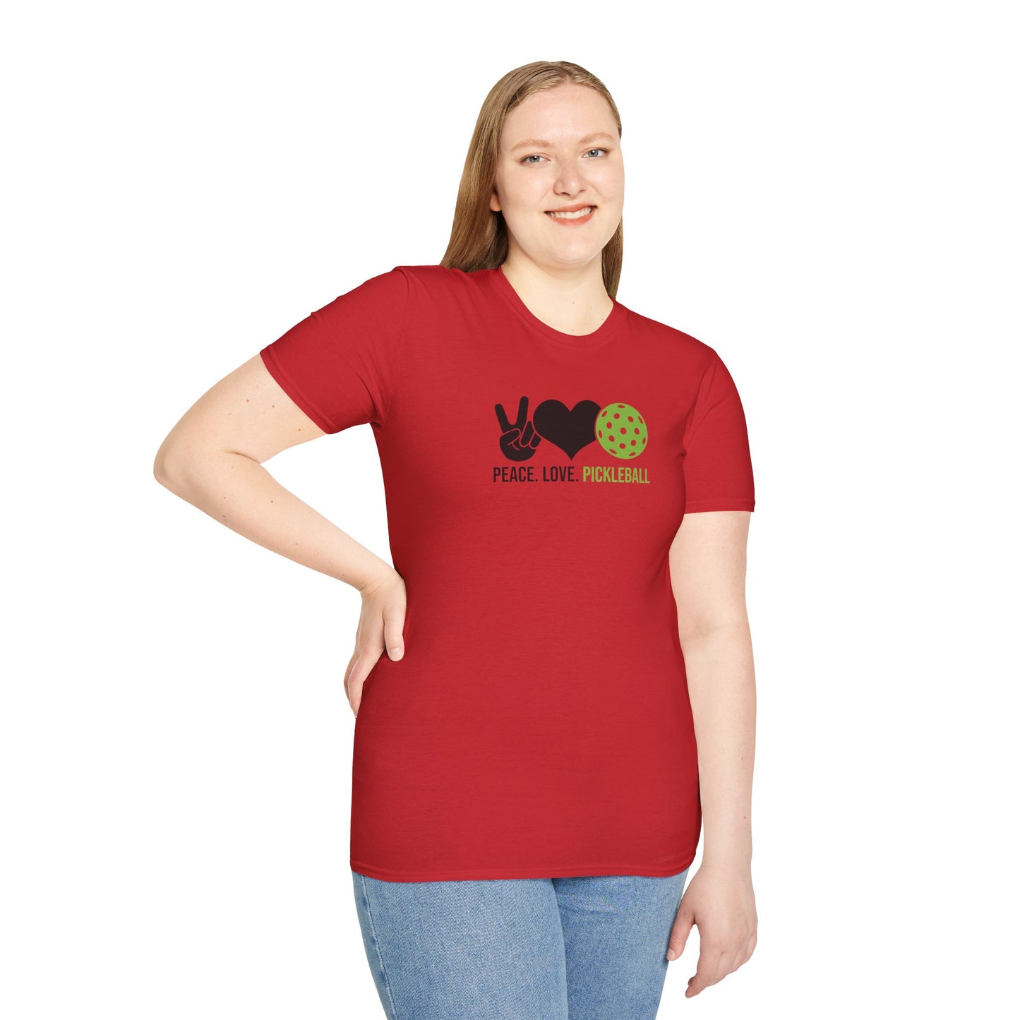 Women's Cheerful Pickleball T-shirt - Peace, Love, Pickleball