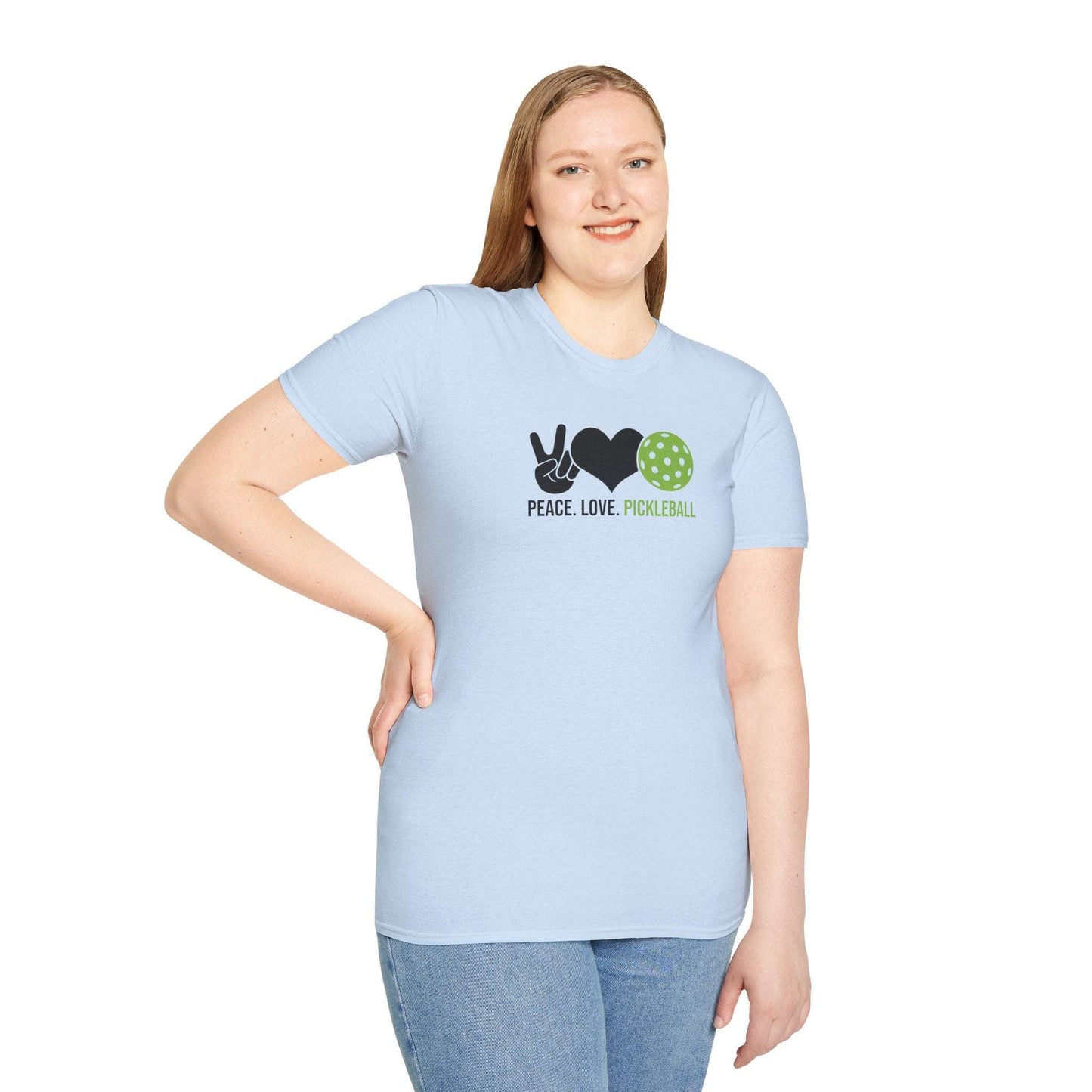 Women's Cheerful Pickleball T-shirt - Peace, Love, Pickleball