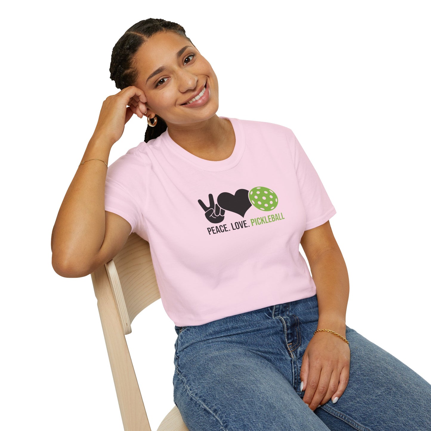 Women's Cheerful Pickleball T-shirt - Peace, Love, Pickleball