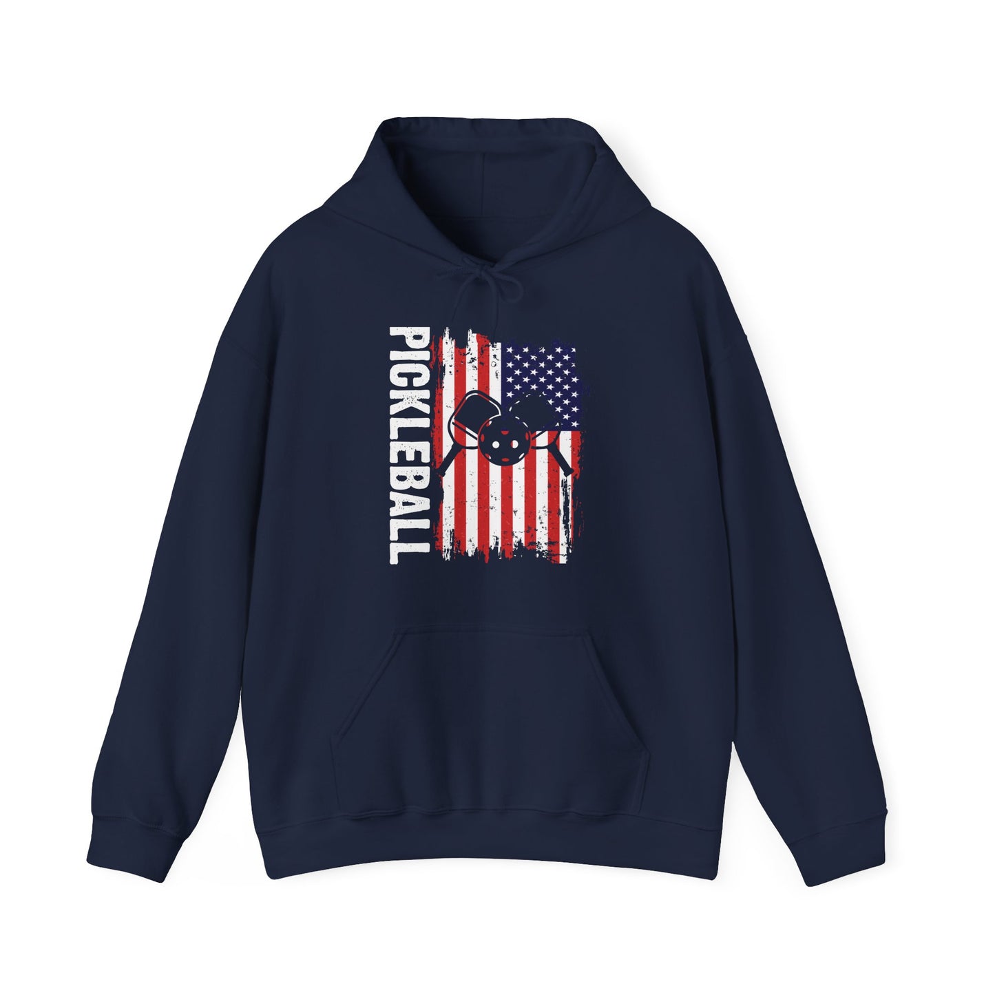 Men's Comfy Pickleball Hoodie - Pickleball with American Flag Navy
