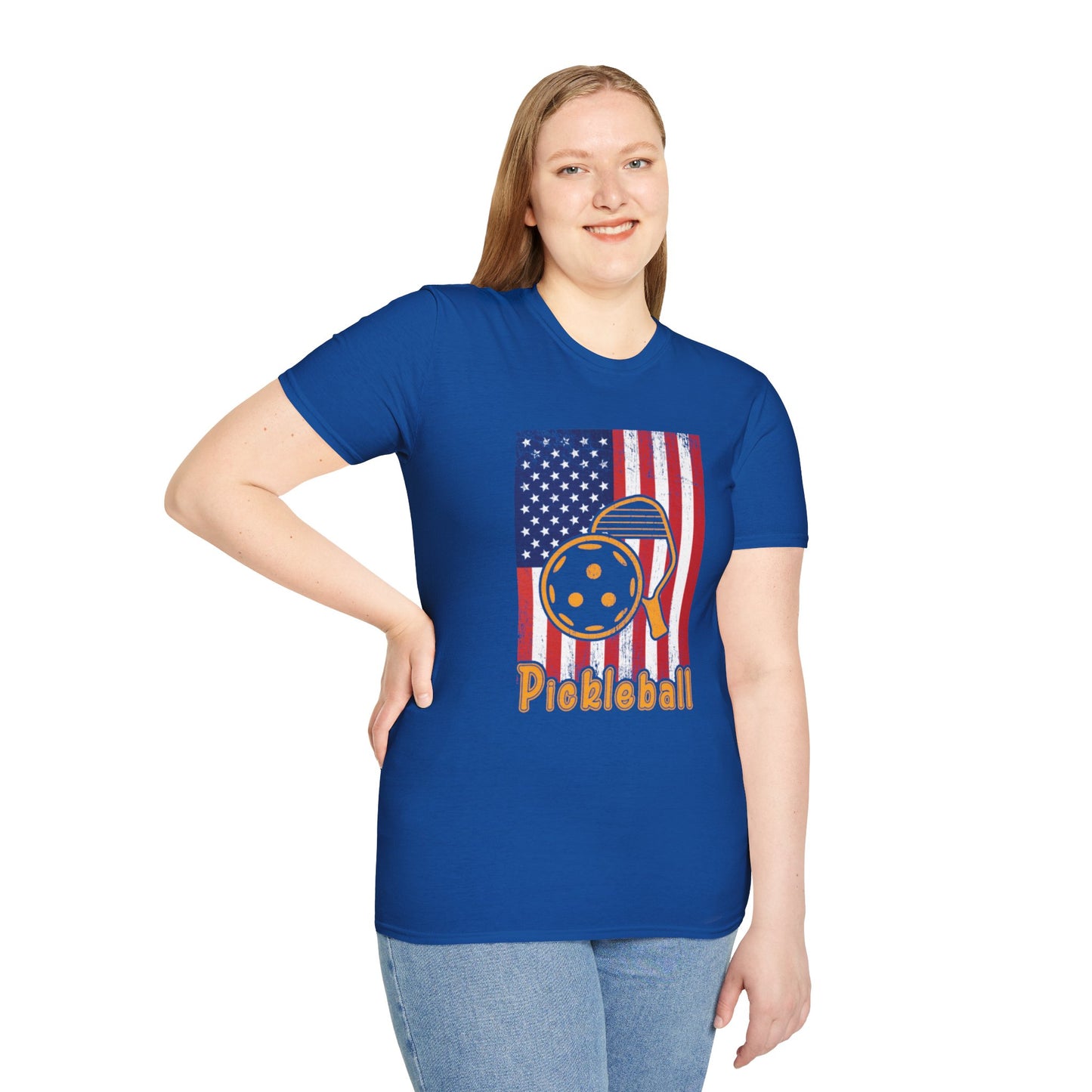 Women's Vibrant Pickleball T-shirt - Pickleball with American Flag