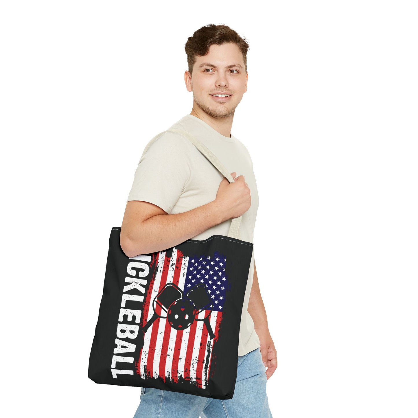 Pickleball Durable Tote Bag - Pickleball with American Flag