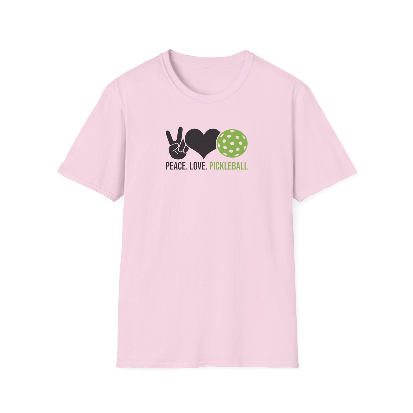 Women's Cheerful Pickleball T-shirt - Peace, Love, Pickleball Pink