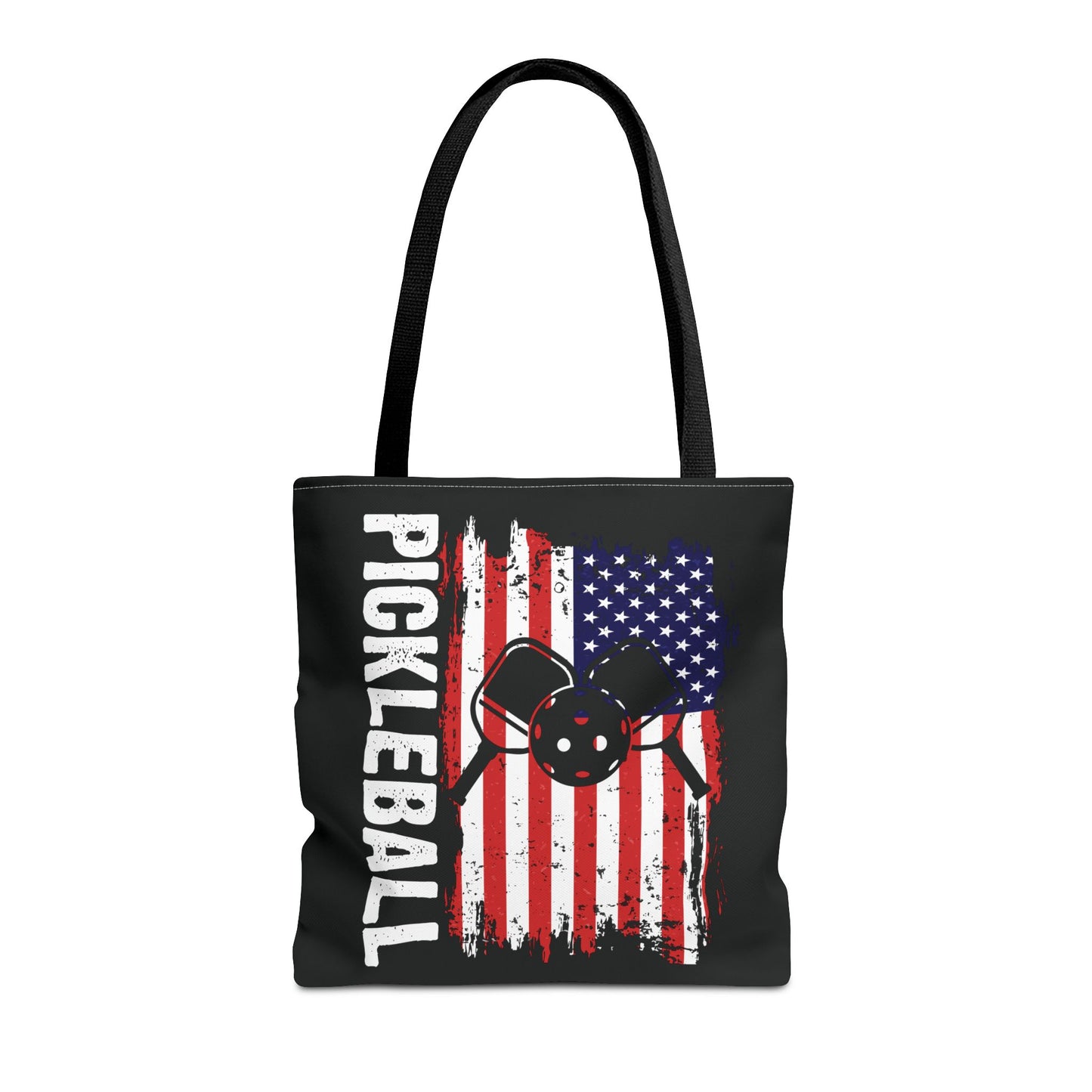 Pickleball Durable Tote Bag - Pickleball with American Flag Black