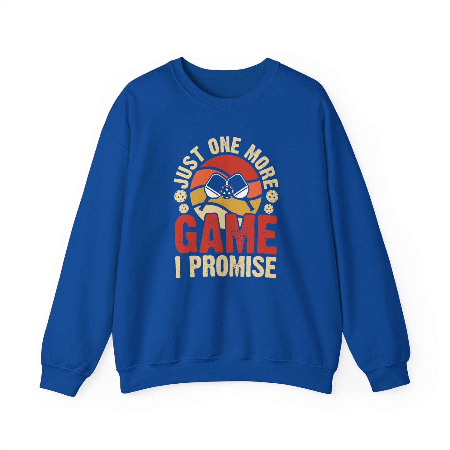 Men's Unique Pickleball Sweatshirt - Just One More Game I Promise Royal