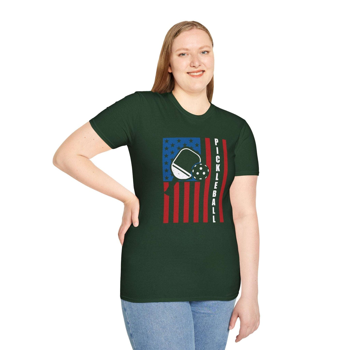 Women's Bold Pickleball T-shirt - Pickleball with American Flag