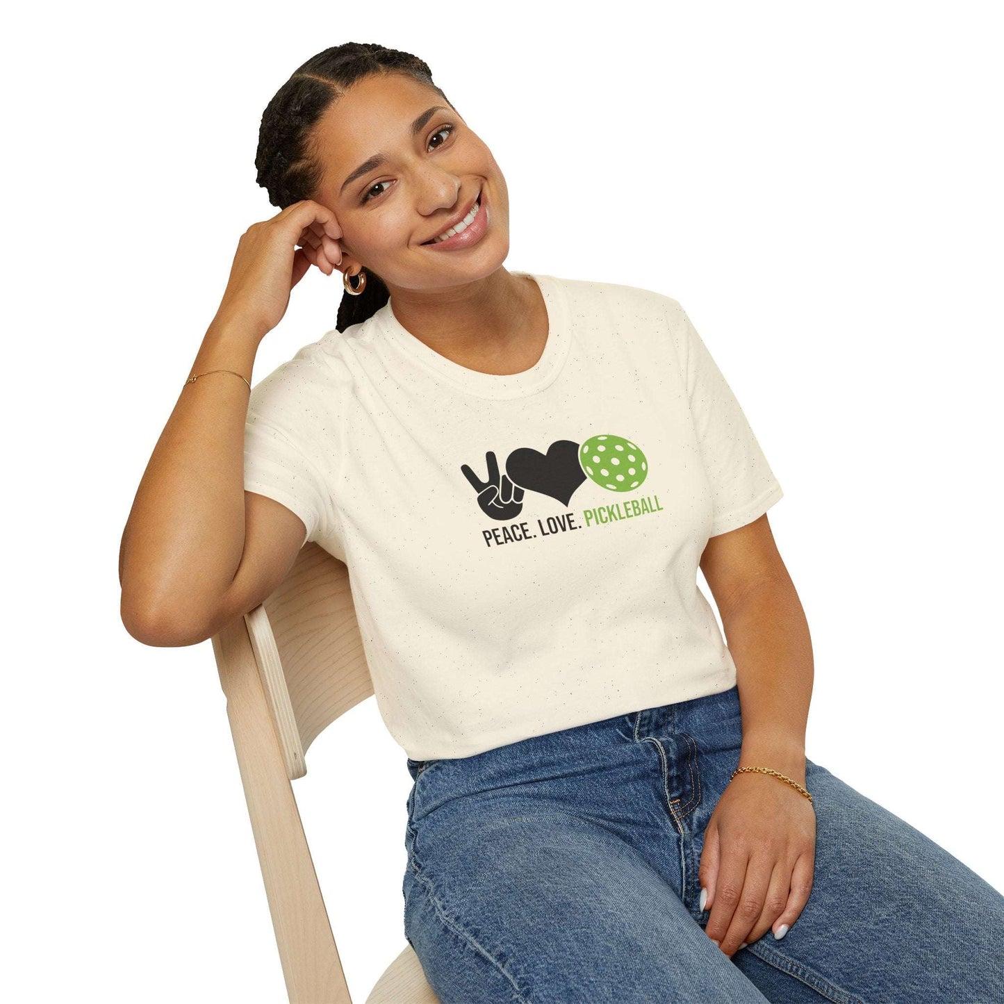 Women's Cheerful Pickleball T-shirt - Peace, Love, Pickleball