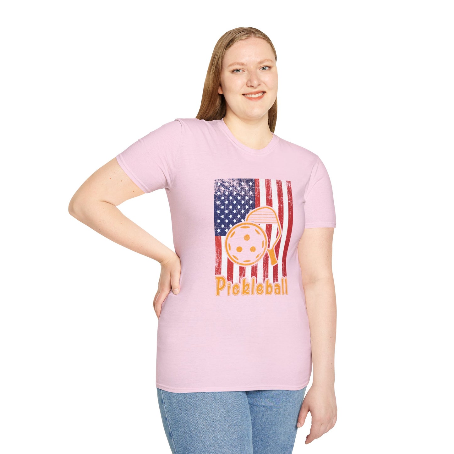 Women's Vibrant Pickleball T-shirt - Pickleball with American Flag