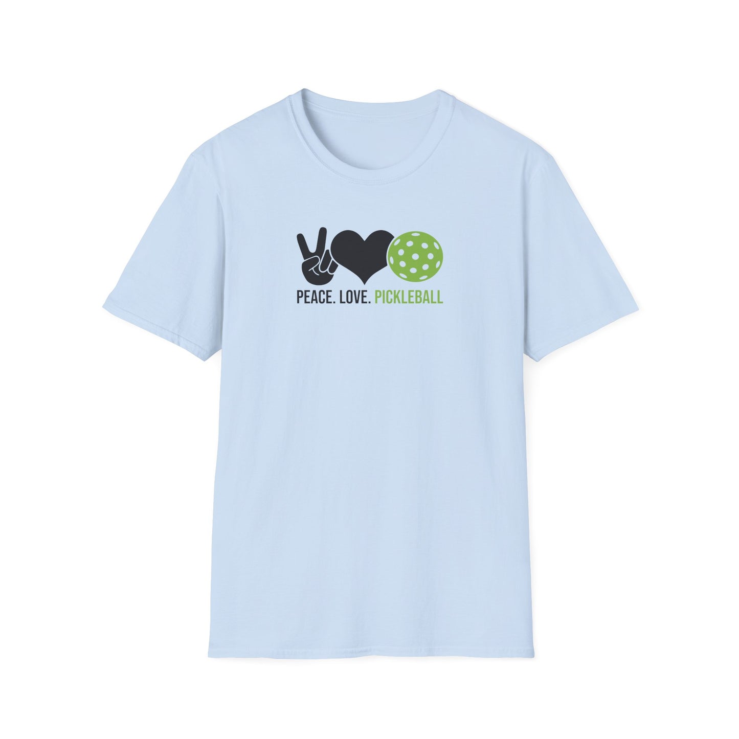 Women's Cheerful Pickleball T-shirt - Peace, Love, Pickleball Blue