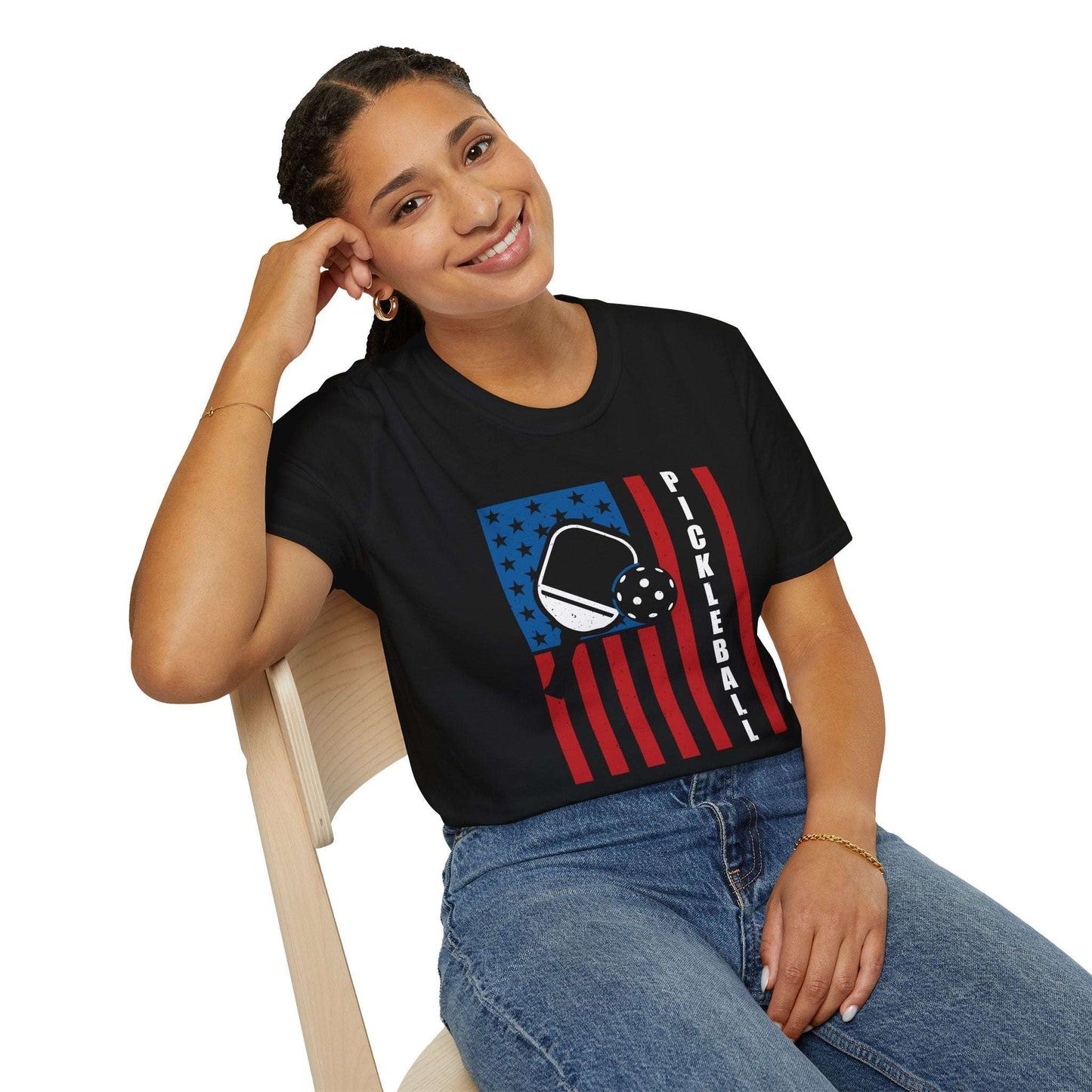 Women's Bold Pickleball T-shirt - Pickleball with American Flag
