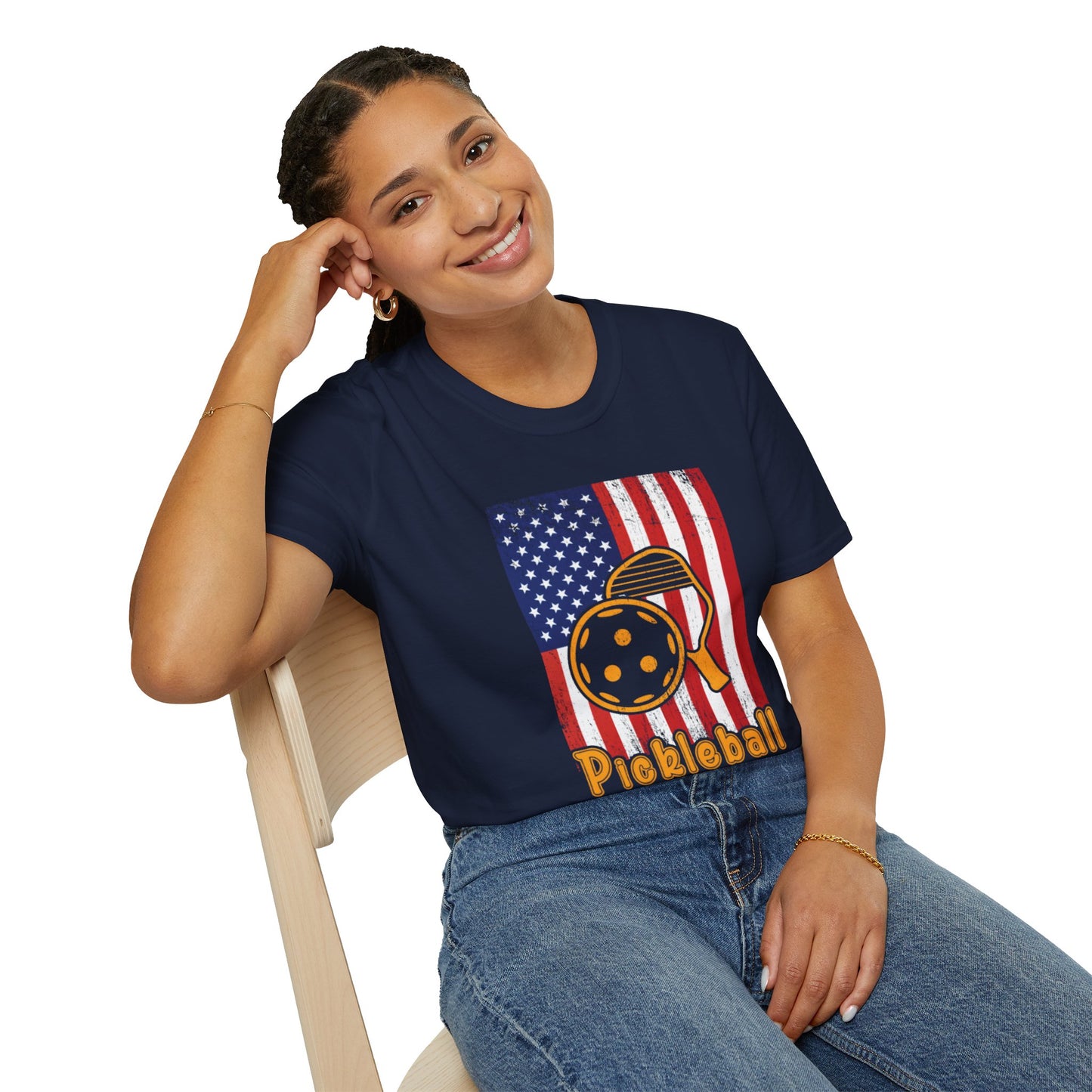 Women's Vibrant Pickleball T-shirt - Pickleball with American Flag
