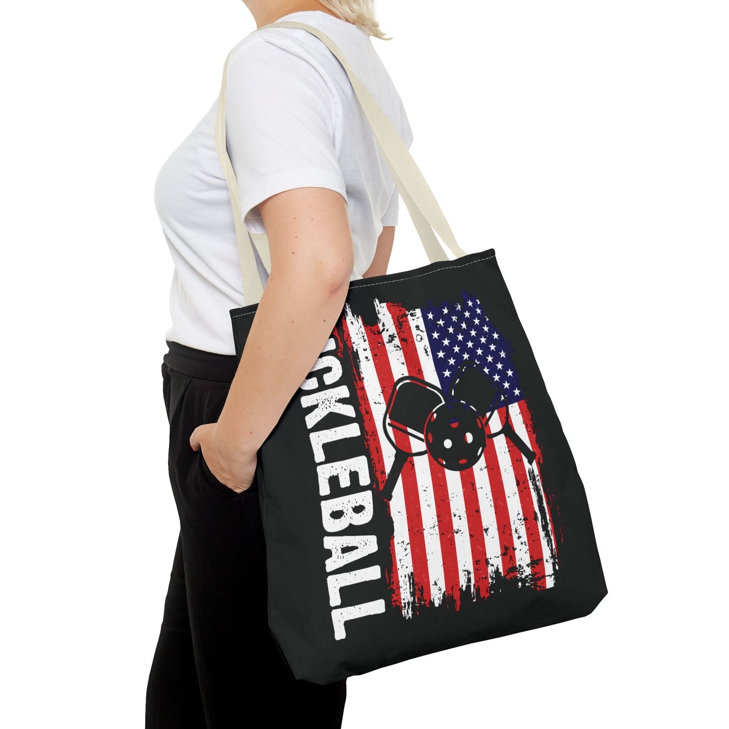Pickleball Durable Tote Bag - Pickleball with American Flag
