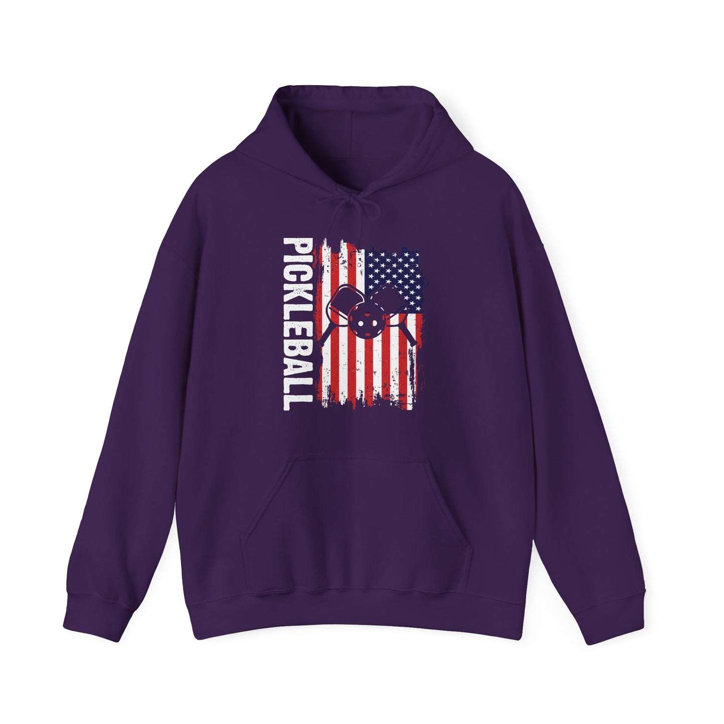 Men's Comfy Pickleball Hoodie - Pickleball with American Flag Purple