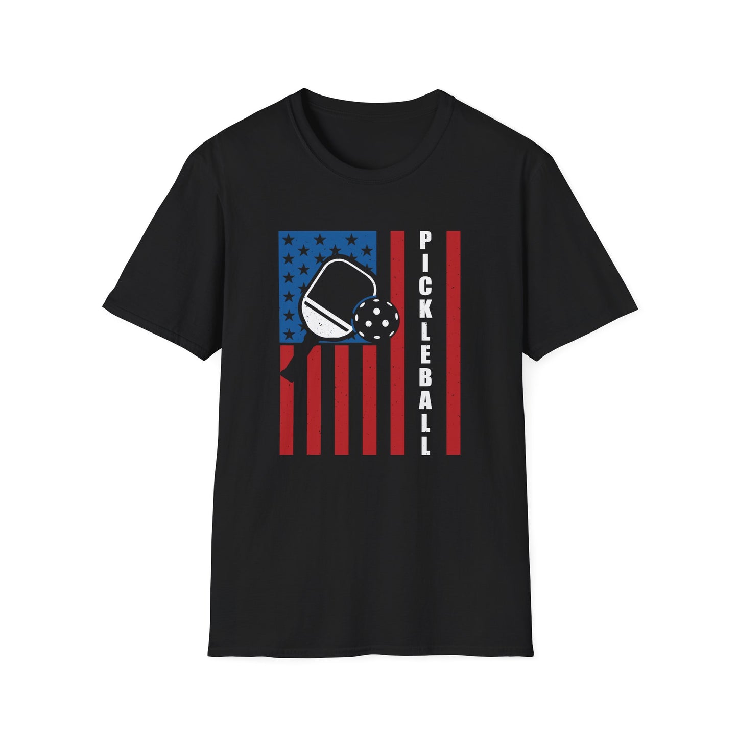 Women's Bold Pickleball T-shirt - Pickleball with American Flag Black