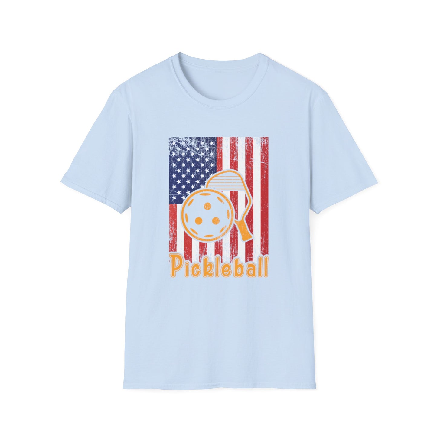 Women's Vibrant Pickleball T-shirt - Pickleball with American Flag Blue