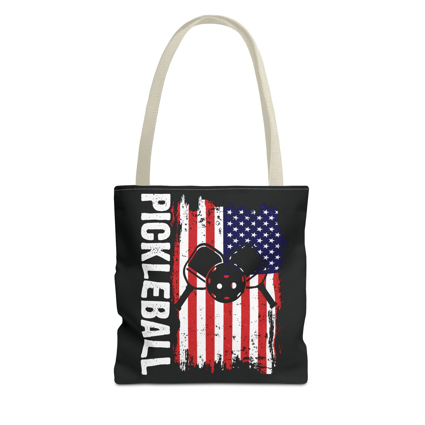 Pickleball Durable Tote Bag - Pickleball with American Flag Beige
