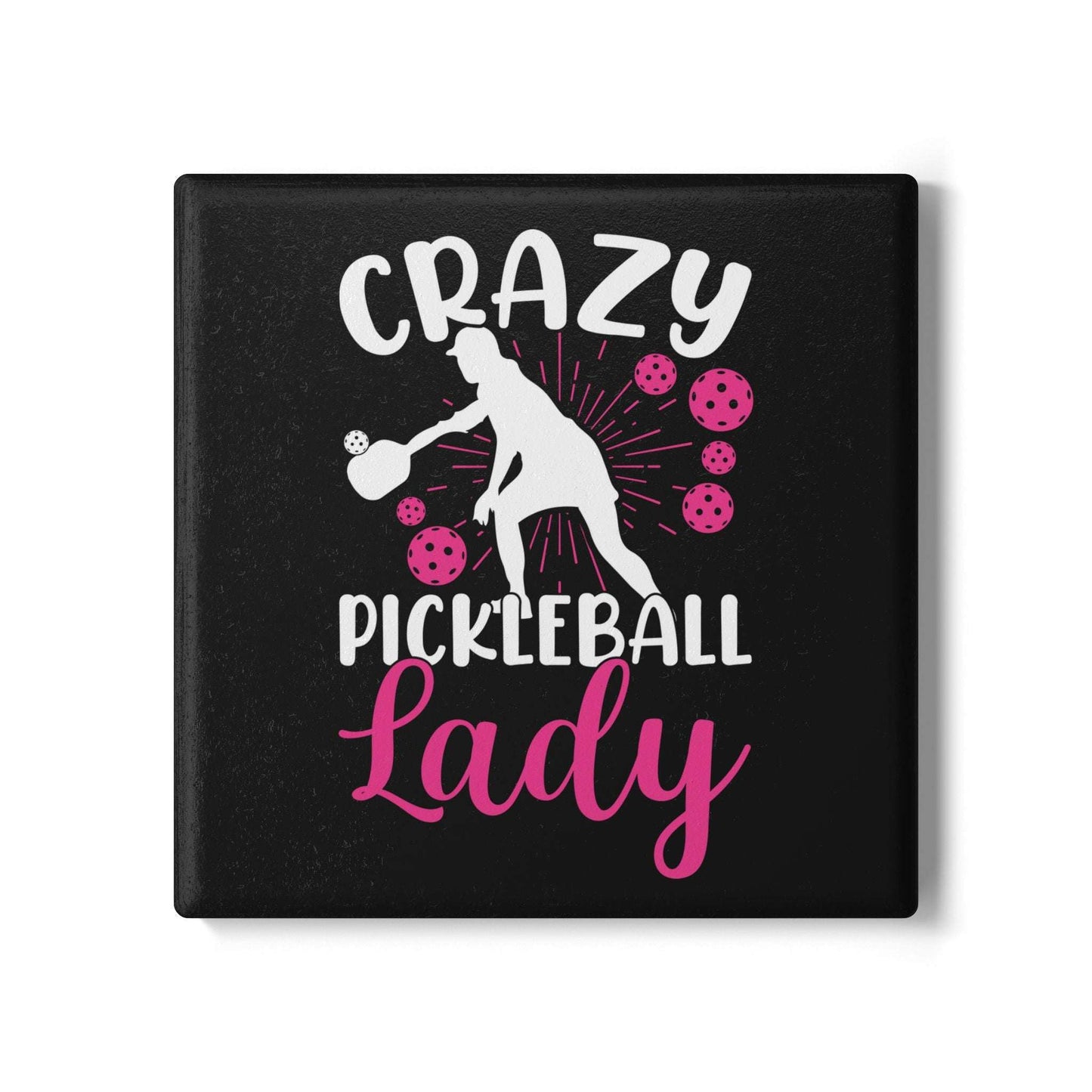 Pickleball Quirky Ceramic Coaster - Crazy Pickleball Lady Black
