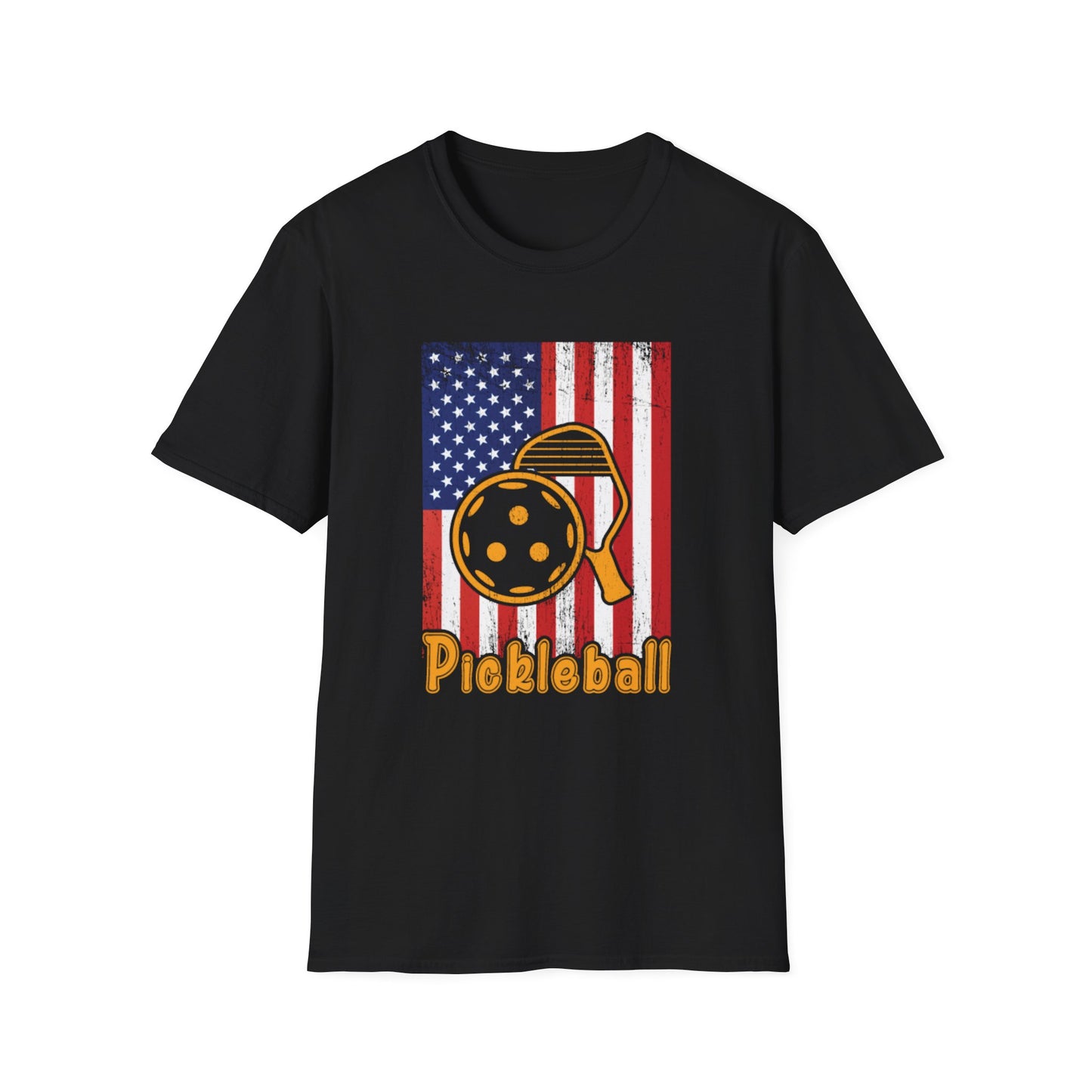Women's Vibrant Pickleball T-shirt - Pickleball with American Flag Black
