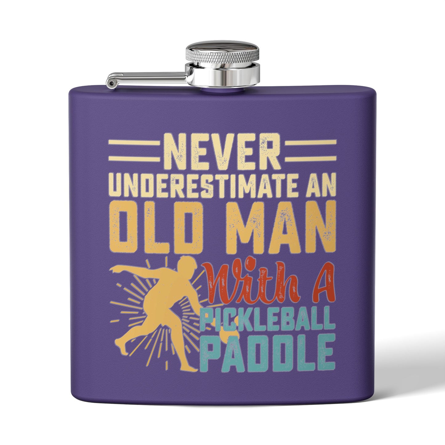 Pickleball Cool Flask - Never Underestimate an Old Man Purple