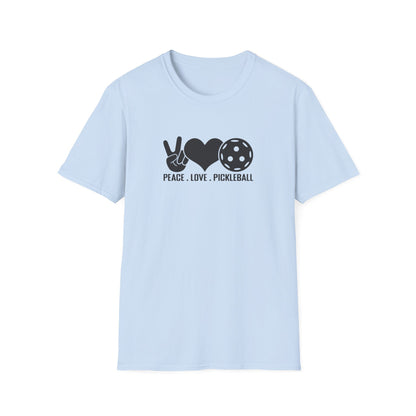 Women's Stylish Pickleball T-shirt - Peace, Love, Pickleball Blue