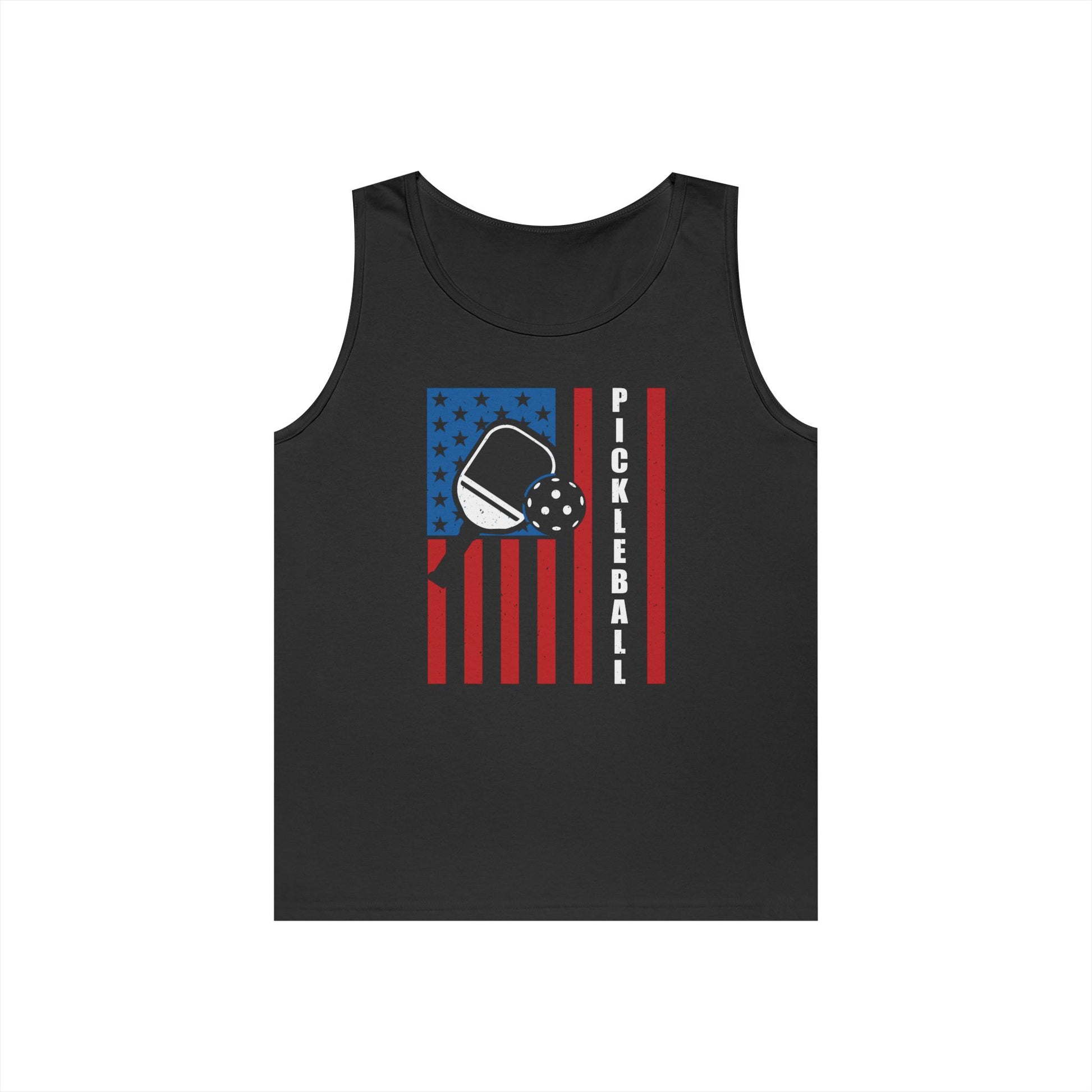 Men's Vibrant Pickleball Tank Top - Pickleball with American Flag Black