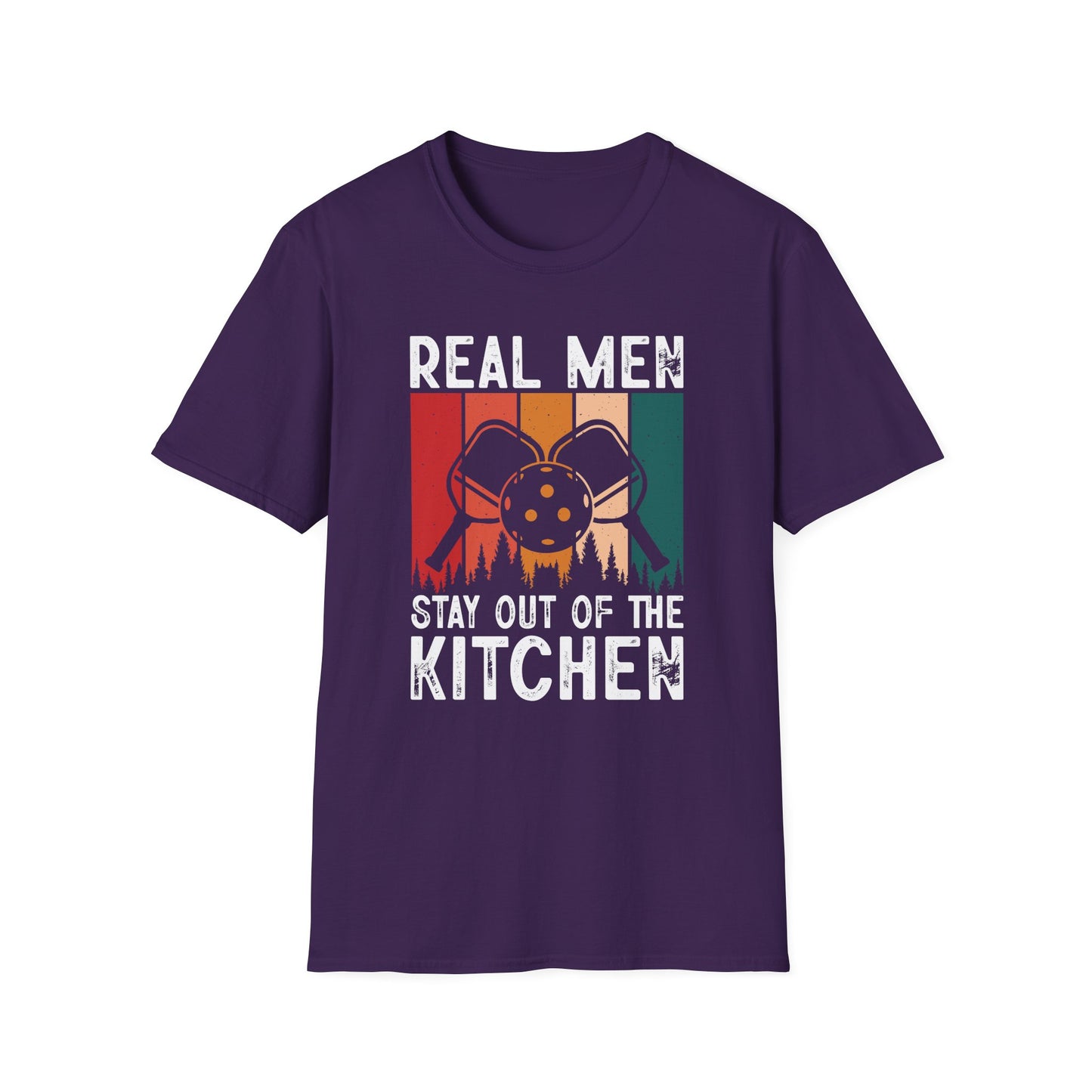 Men's Pickleball T-shirt - Real Men Stay Out of the Kitchen Retro Purple