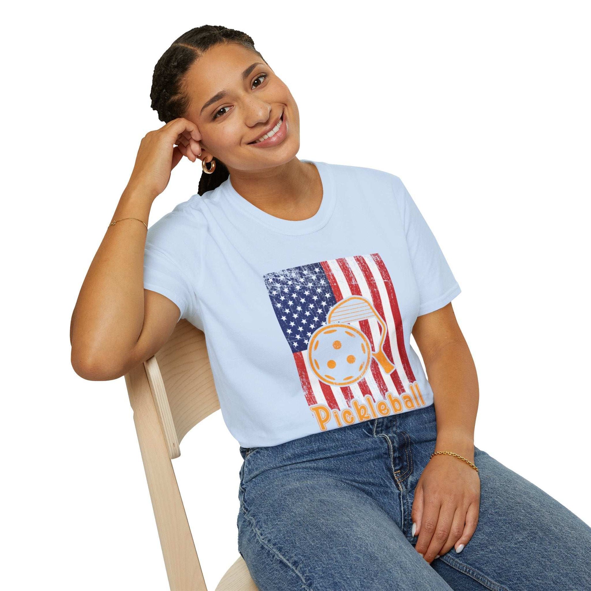 Women's Vibrant Pickleball T-shirt - Pickleball with American Flag