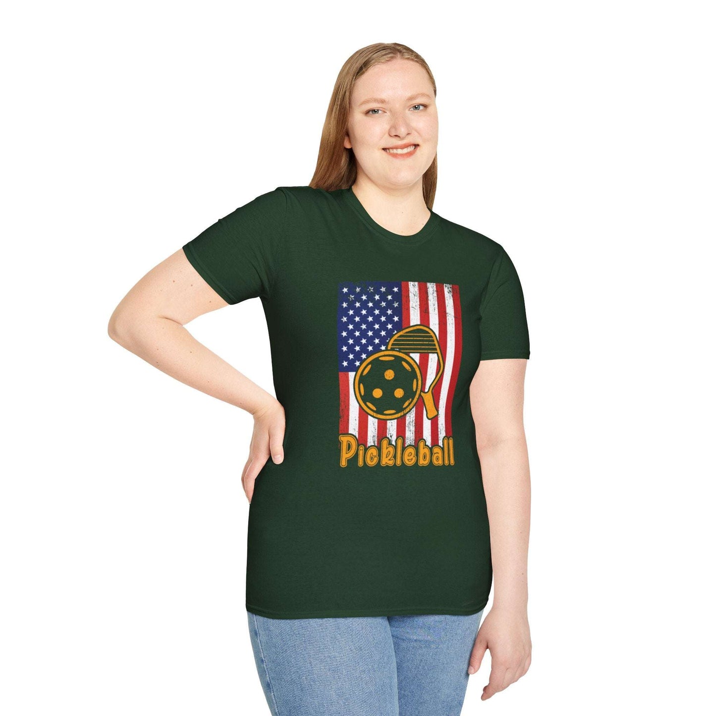 Women's Vibrant Pickleball T-shirt - Pickleball with American Flag