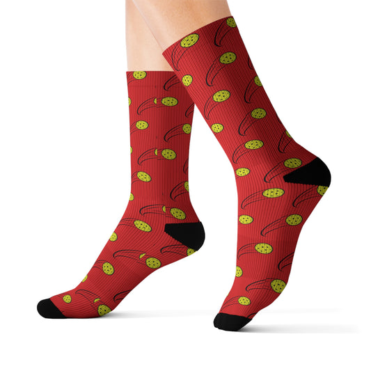 Pickleball Fun Socks - Yellow Pickleball Balls Red
