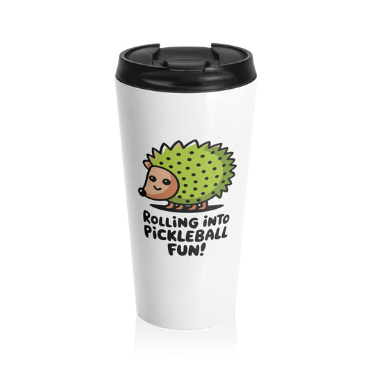 Pickleball Cute Travel Mug - Rolling into Pickleball Fun White