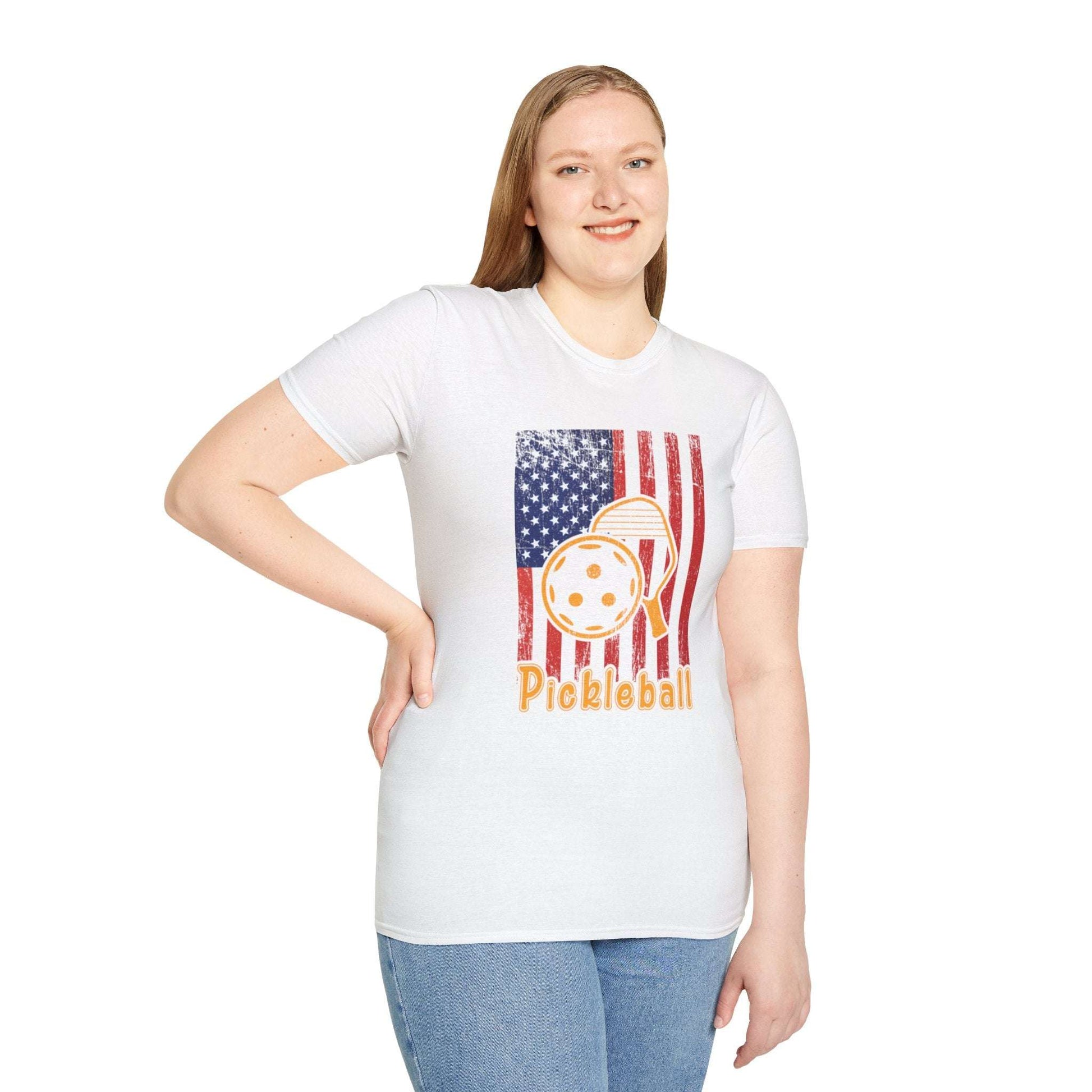 Women's Vibrant Pickleball T-shirt - Pickleball with American Flag