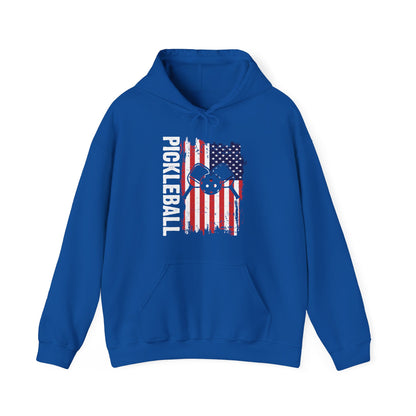Men's Comfy Pickleball Hoodie - Pickleball with American Flag Royal