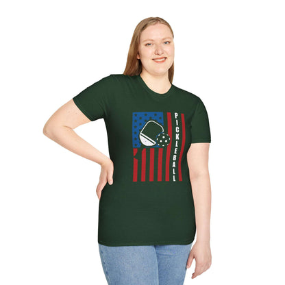 Women's Bold Pickleball T-shirt - Pickleball with American Flag