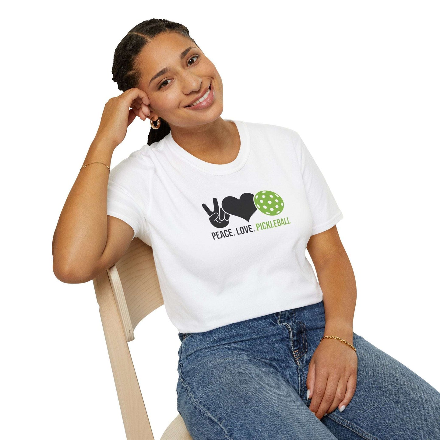 Women's Cheerful Pickleball T-shirt - Peace, Love, Pickleball