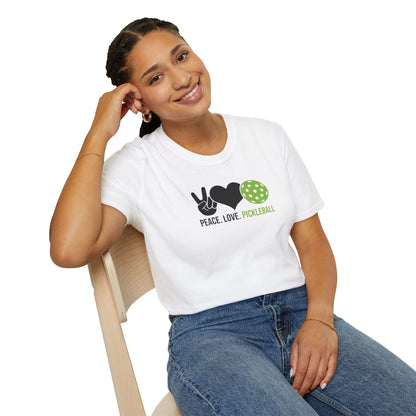 Women's Cheerful Pickleball T-shirt - Peace, Love, Pickleball