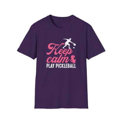 Women's Cheerful Pickleball T-shirt - Keep Calm & Play Pickleball Purple