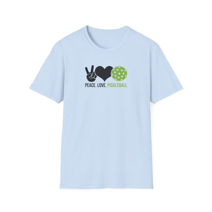 Women's Cheerful Pickleball T-shirt - Peace, Love, Pickleball Blue
