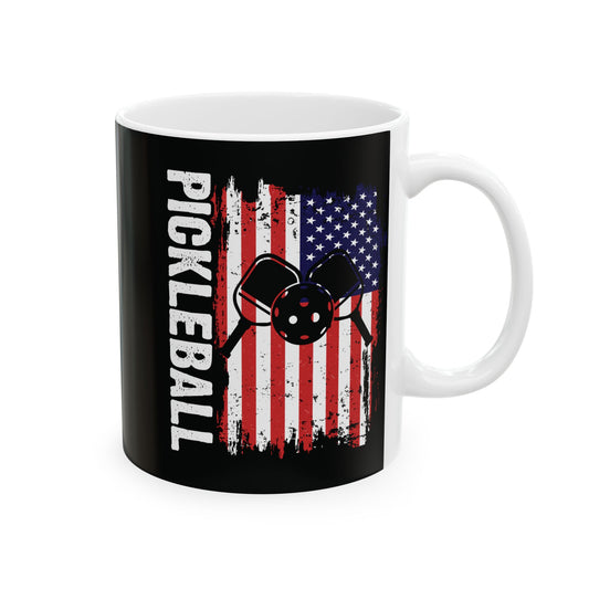 Pickleball Eye-Catching Mug - Pickleball with America Flag Black