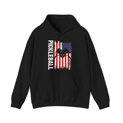 Men's Comfy Pickleball Hoodie - Pickleball with American Flag Black