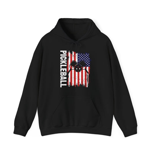 Men's Comfy Pickleball Hoodie - Pickleball with American Flag Black