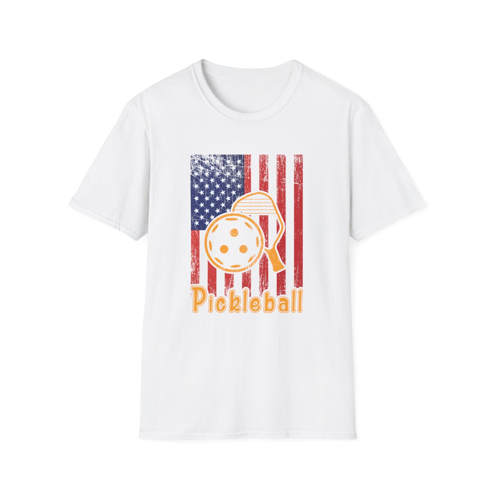Women's Vibrant Pickleball T-shirt - Pickleball with American Flag White