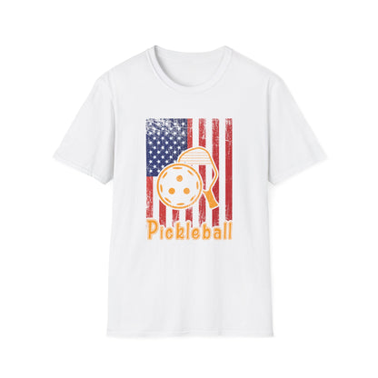 Women's Vibrant Pickleball T-shirt - Pickleball with American Flag White