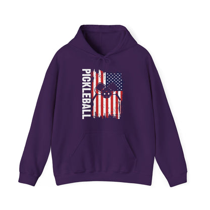 Men's Comfy Pickleball Hoodie - Pickleball with American Flag Purple