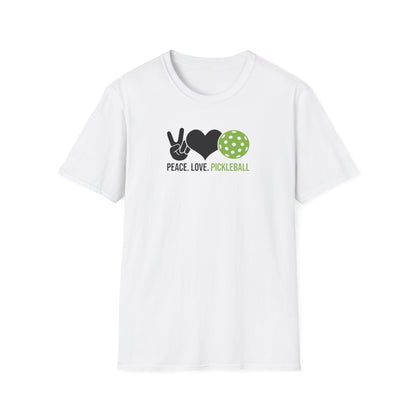 Women's Cheerful Pickleball T-shirt - Peace, Love, Pickleball White