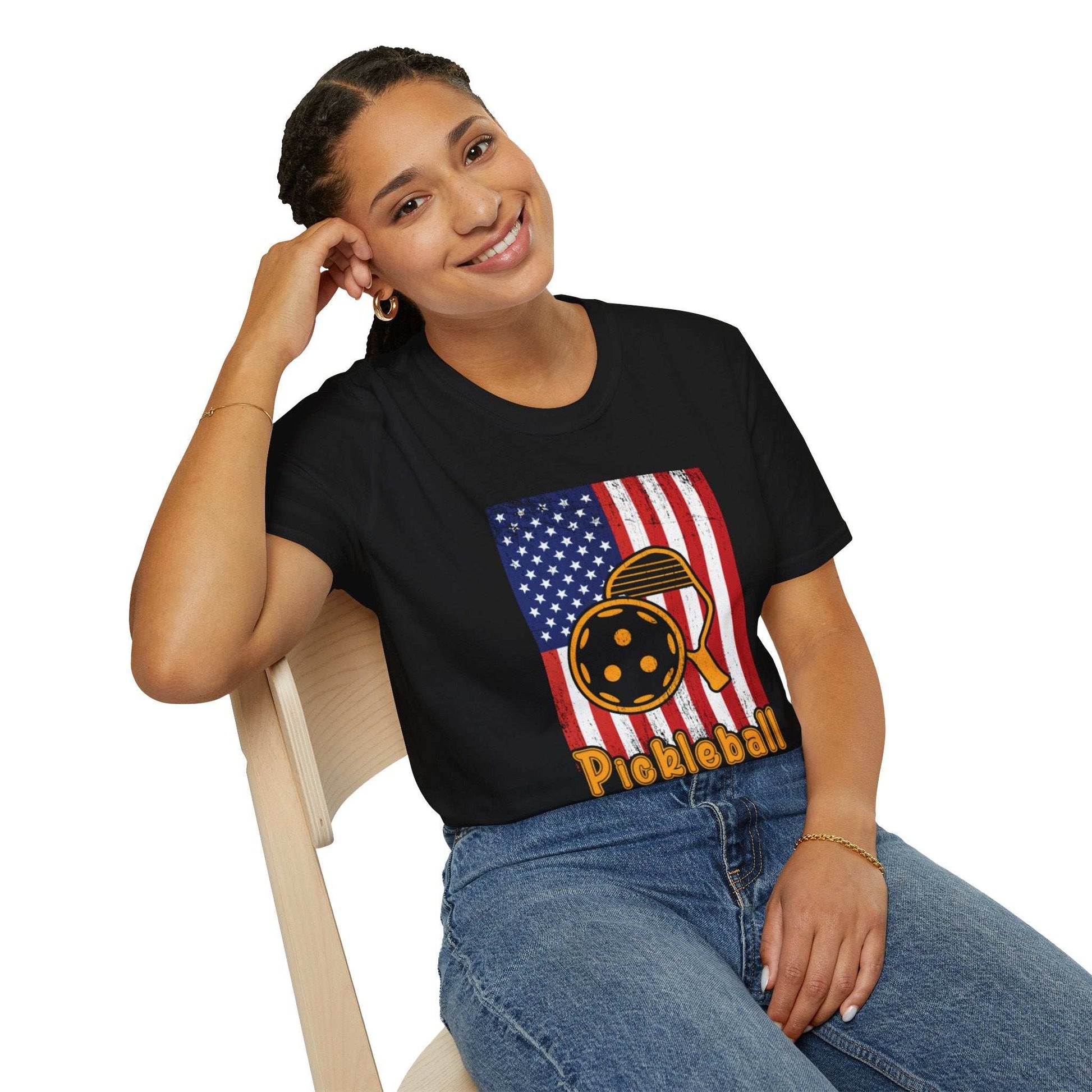 Women's Vibrant Pickleball T-shirt - Pickleball with American Flag